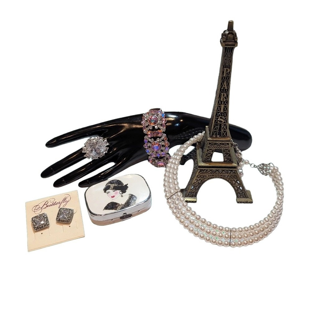 Paris Jewelry Lot 5pc Pearl Choker, Crystal Ring, Bracelet, Earrings, Pill Box